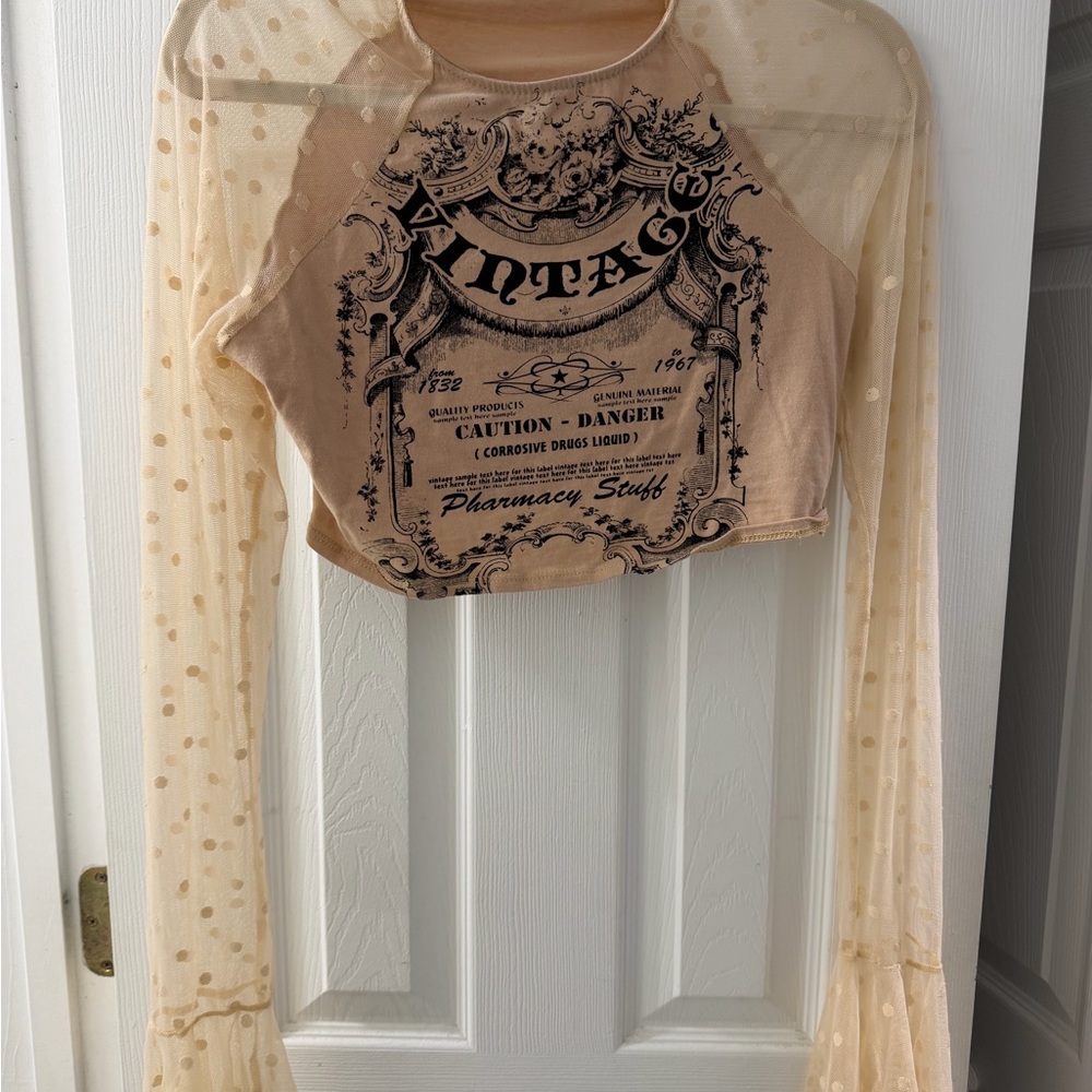 Fashion Nova Tan Graphic Crop Top with Sheer Sleeves